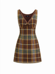 Tweed V-neck Tartan Bowknot Mini Dress