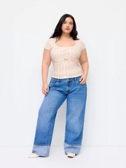 Ditsy Floral Bowknot Lace Trim Short Sleeve Top Curve & Plus