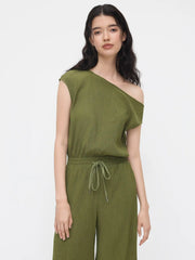 Asymmetrical Neck Texture Drawstring Knotted Jumpsuit