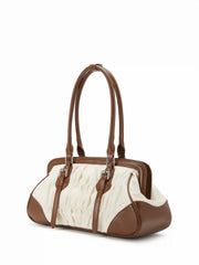 TWO-TONE NYLON & FAUX LEATHER SHOULDER BAG