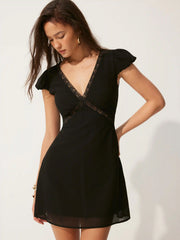Chiffon V-neck Puff Sleeve Lace Panel A-line Mini Dress