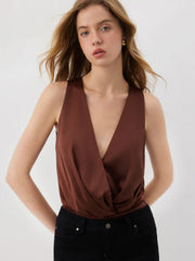 Satin V-neck Ruched Bodysuit