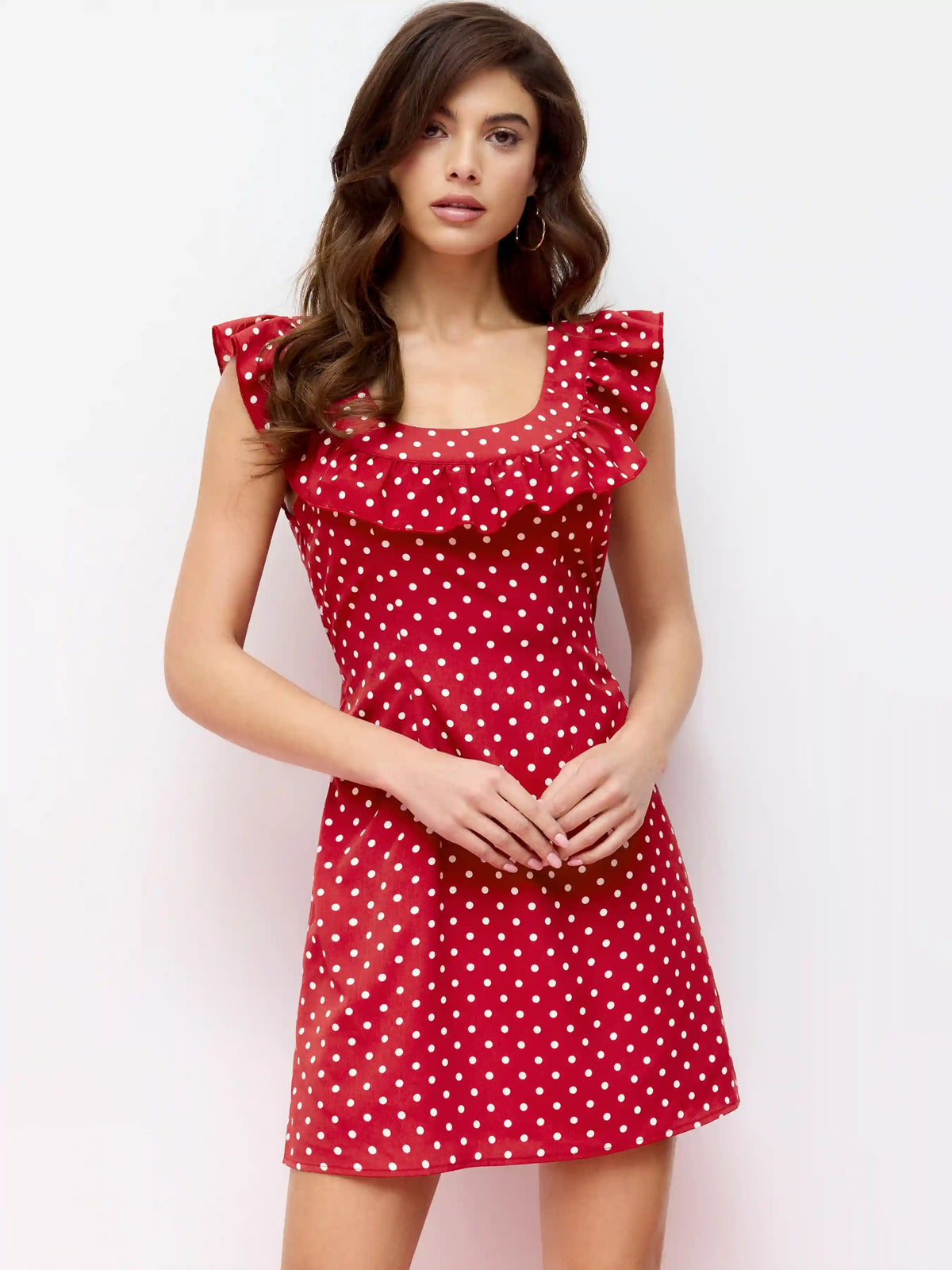 Polka Dot U-neckline Ruffled A-line Mini Dress
