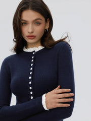 Knit Round Neck Lace Trim Button Front A-line Mini Dress