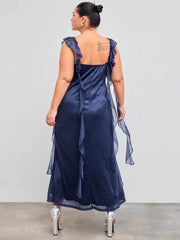 Mesh Cowl Neck Solid Sequin Ruffle Hem Maxi Dress Curve & Plus