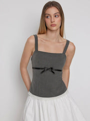 Square Neck Bowknot Lace Trim Crop Top