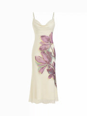 Mesh Floral Cowl Neck Mermaid Maxi Dress