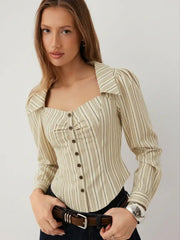 Cotton-blend Sweetheart Puff Sleeve Striped Buckle Blouse