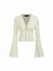 Floral Lace V-Neck Bell Sleeve Cropped Top