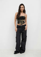 Mesh Abstract Ruched Corset Crop Cami Top