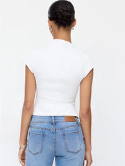 Cotton-blend Stand Collar Ruched Asymmetrical Hem Short Sleeve Top