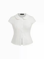 Cotton-blend Collar Lace Trim Button Front Tee Curve & Plus
