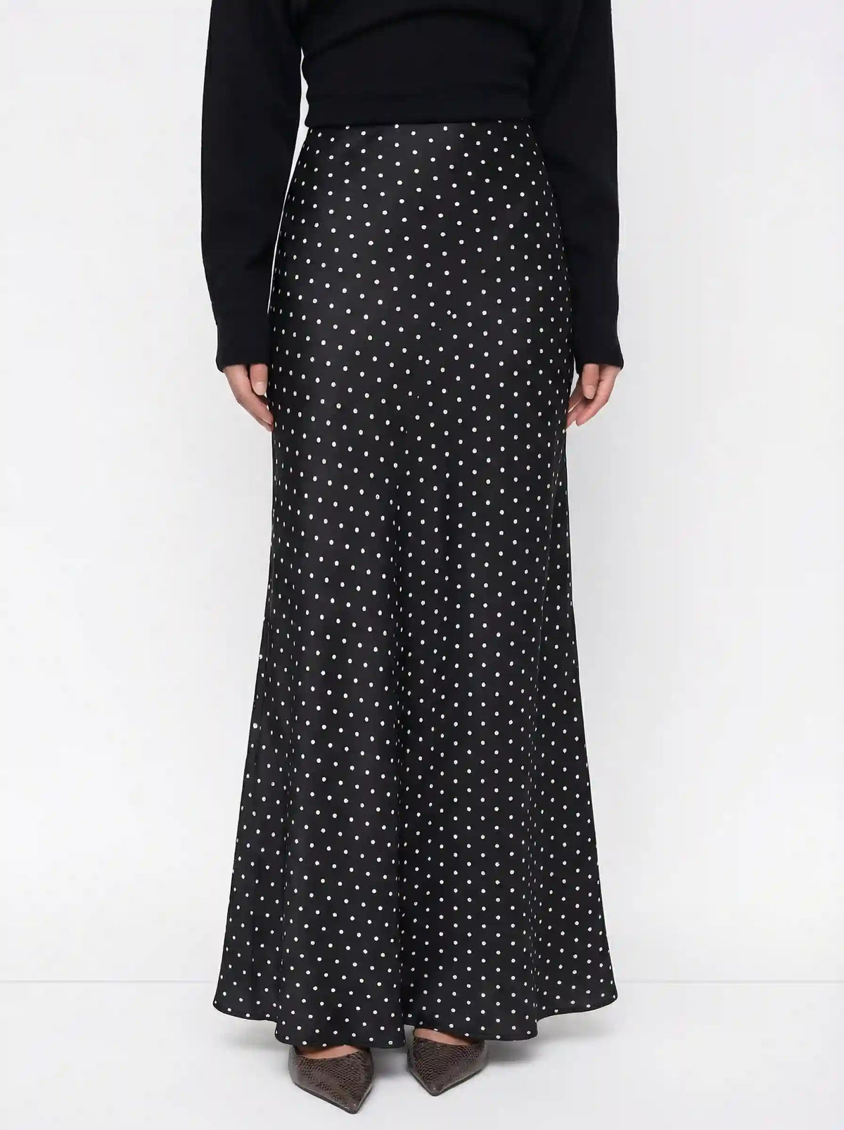 Satin Mid Rise Ruffle Maxi Skirt