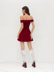 Velvet Off-shoulder Solid Zipper Mini Dress