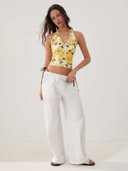 Cotton-blend Lemon Graphic Halter Neckline Backless Crop Cami Blouse