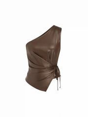 Faux Leather Asymmetrical Neck Ruched Drawstring Crop Top