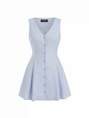 Linen-blend V-neck Button Through Tie Back A-line Mini Dress