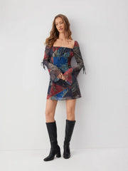 Chiffon Floral Square Neck Drawstring Bell Sleeve Mini Dress