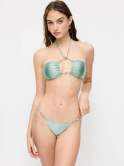 Halter Neckline Ruched Beaded Bandeau Bikini Set With Cover Up Skirt