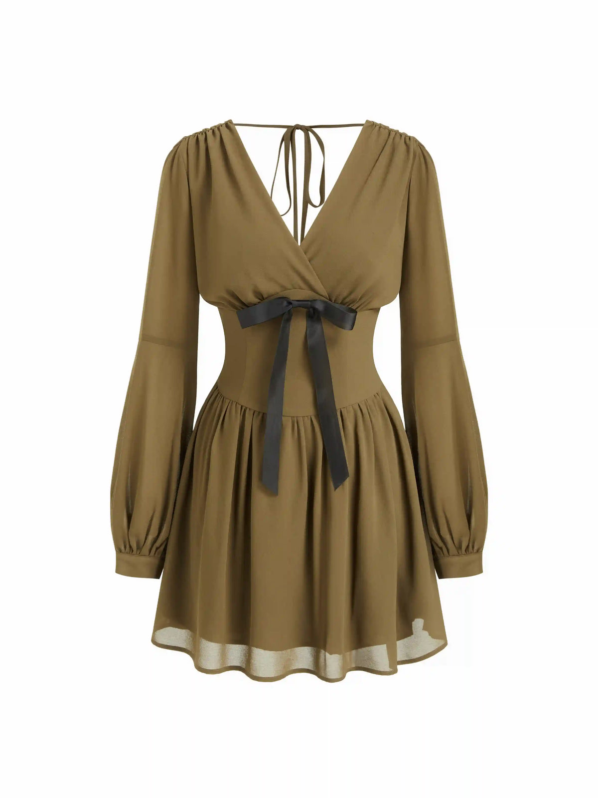 Chiffon V-Neck Puff Sleeve Bowknot Flared Mini Dress