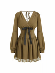 Chiffon V-Neck Puff Sleeve Bowknot Flared Mini Dress