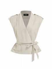 Linen-blend V-neck Wrap Belted Oversized Blazer Vest