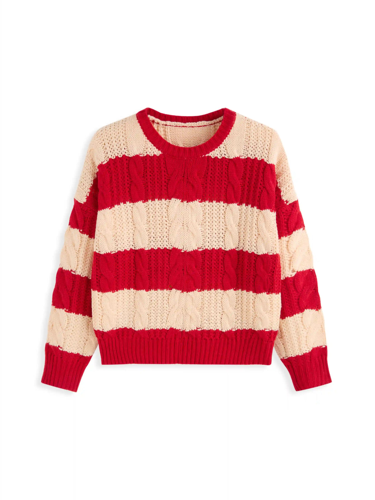 Cable Knit Striped Round Neckline Oversized Sweater Curve & Plus