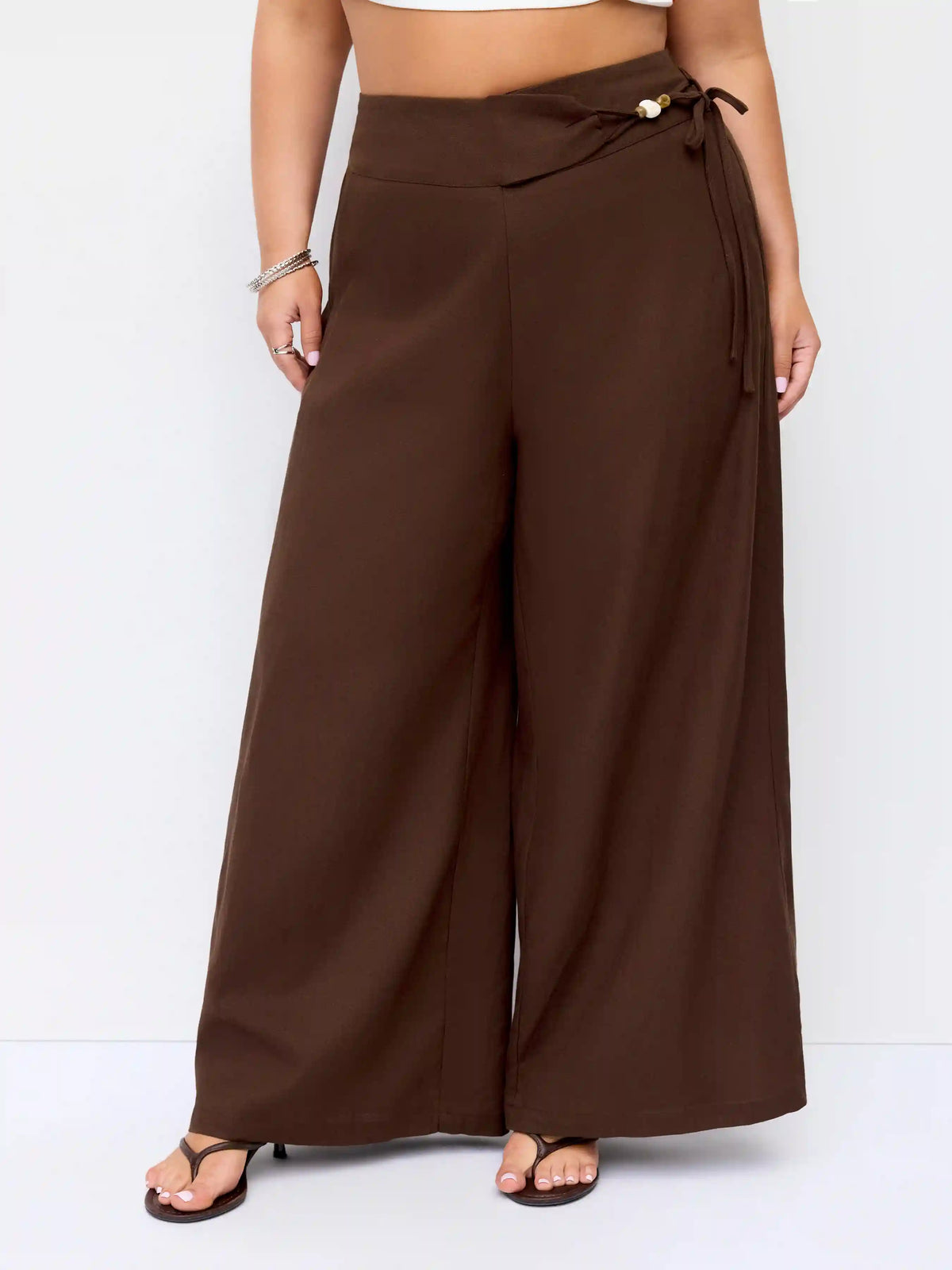 Linen-blend Mid Rise Wrap Wide Leg Trousers Curve & Plus