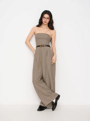 Houndstooth Shirred Wide Leg Bandeau Jumpsuit With Belt