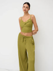 V-neck Twist Cami Top & Mid Rise Drawstring Straight Leg Trousers Set
