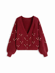 Knit V-neck Faux Pearl Lantern Sleeve Oversized Cardigan