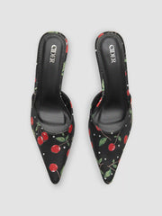 CHERRY PATTERN POINTED TOE SATIN HEELS