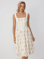 Square Neck Floral Corset Midi Dress