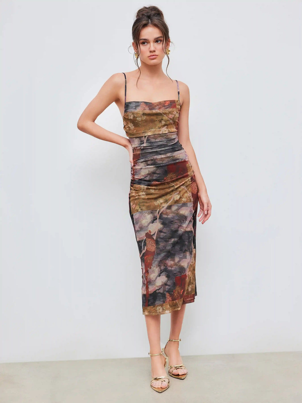 Mesh Cowl Neck Floral Ruched Cami Maxi Dress