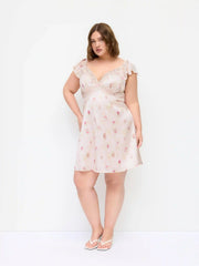 Satin Floral V-neck Ruffle Sleeve Lace A-line Mini Dress Curve & Plus