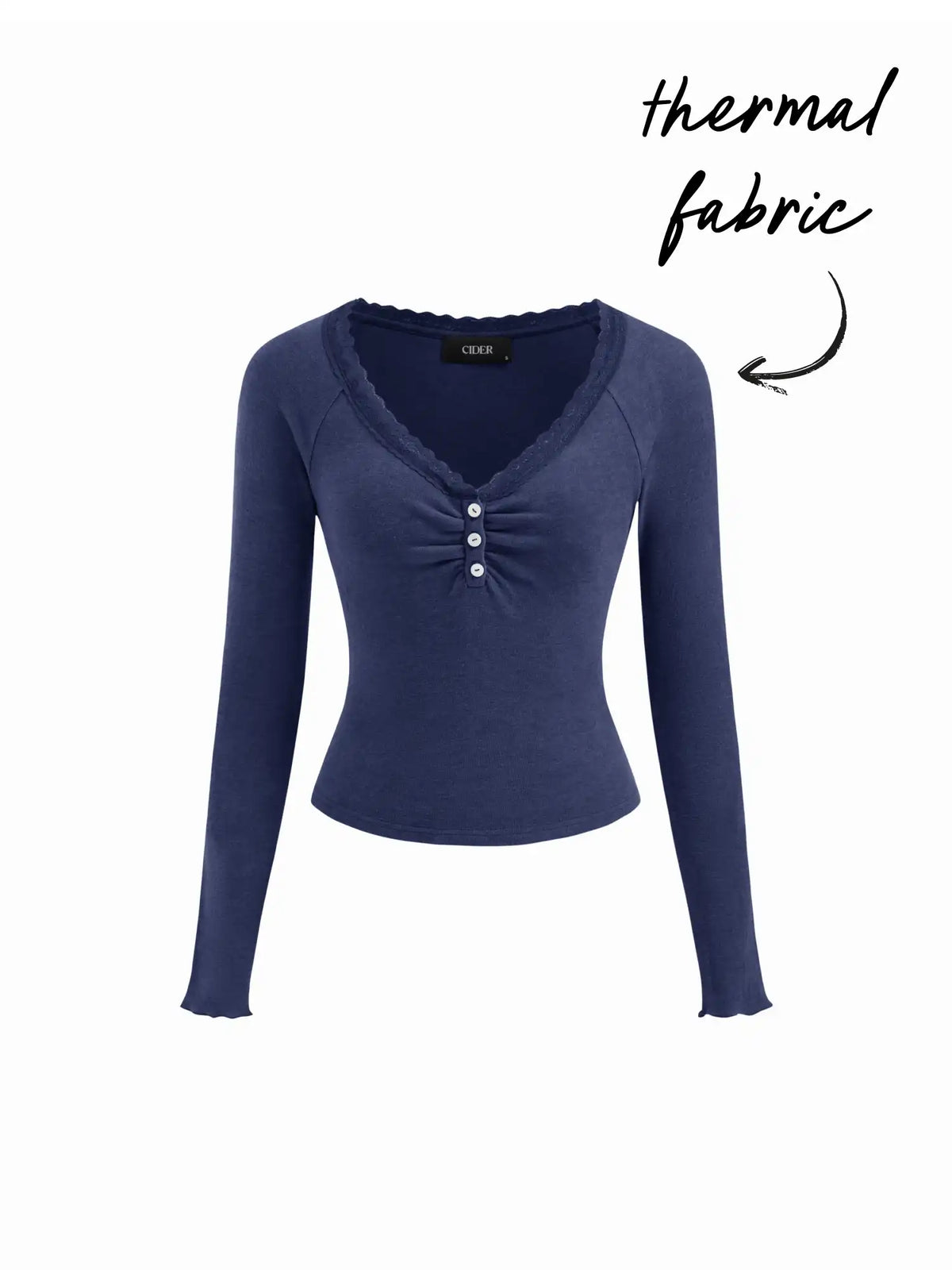 Thermal Cotton-blend V-neck Long Sleeve Lace Trim Ruched Tee