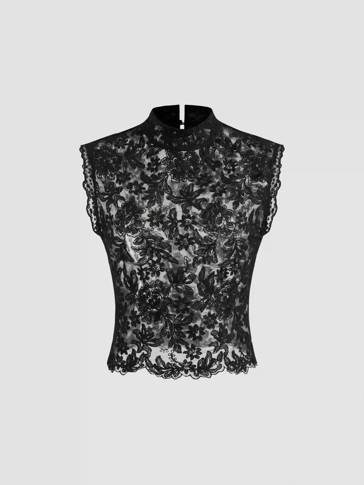 Lace Mandarin Collar Floral See-through Tank Top