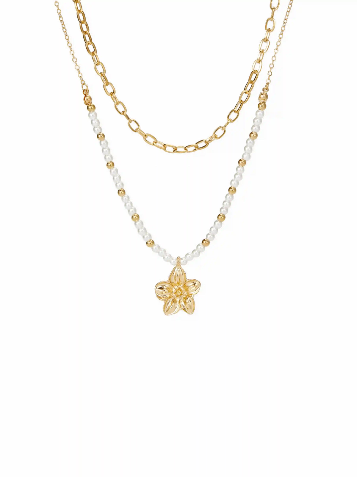 FLOWER & FAUX PEARL BEADED LAYERED NECKLACE