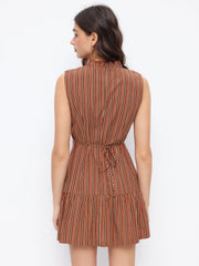 V-neck Striped Ruffled Tie Back Mini Dress
