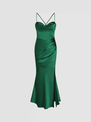 Satin Sculptural Cowl Neck Cami Corset Maxi Dress