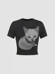 Round Neckline Cat Graphic Tee