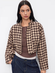 Jacquard Houndstooth Pleated Stand Collar Crop Jacket