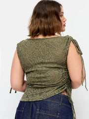 Jacquard Boat Neck Drawstring Ruched Asymmertrical Top Curve & Plus