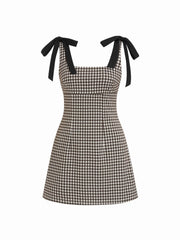 Cotton-blend Square Neck Bowknot Gingham A-line Mini Dress