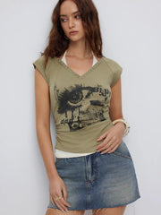 Cotton-blend Eye Graphic Halter V-neck Metal Detail Ruched Short Sleeve Tee