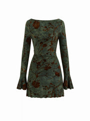 Boat Neck Floral Ruched Backless Metal Detail Lettuce Trim Mini Dress