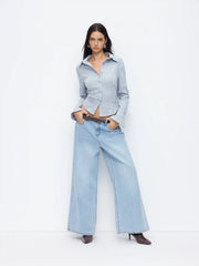 Cotton-blend Collar Striped Button Bell Sleeve Shirt