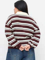 Knit Polo Stripd Lantern Sleeve Top Curve & Plus