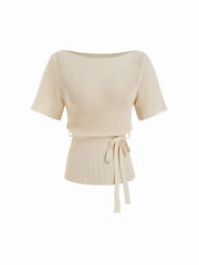 Knit Boat Neck Short Sleeve Top With Tie Waist