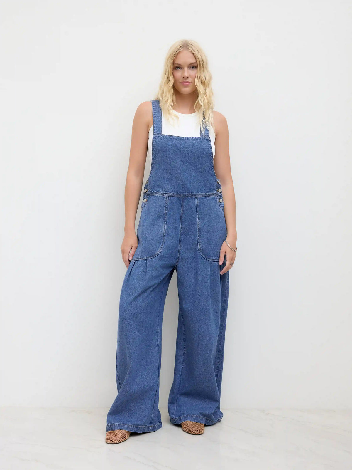 Denim Pleated Belted Shoulder Straps Jumpsuit